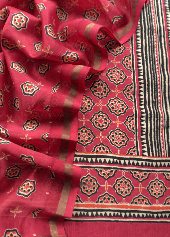 Red Ajrakh Mahehswari Silk Unstitched Suit With Dupatta