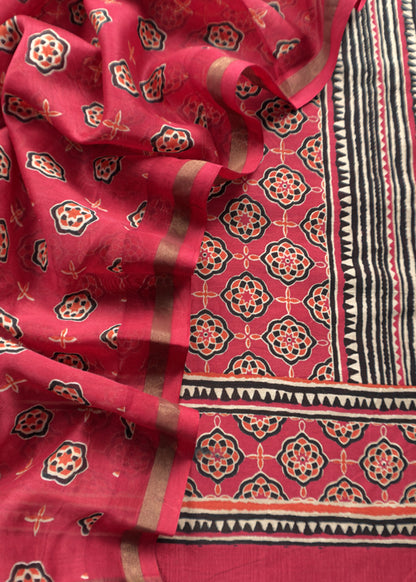 Red Ajrakh Mahehswari Silk Unstitched Suit With Dupatta
