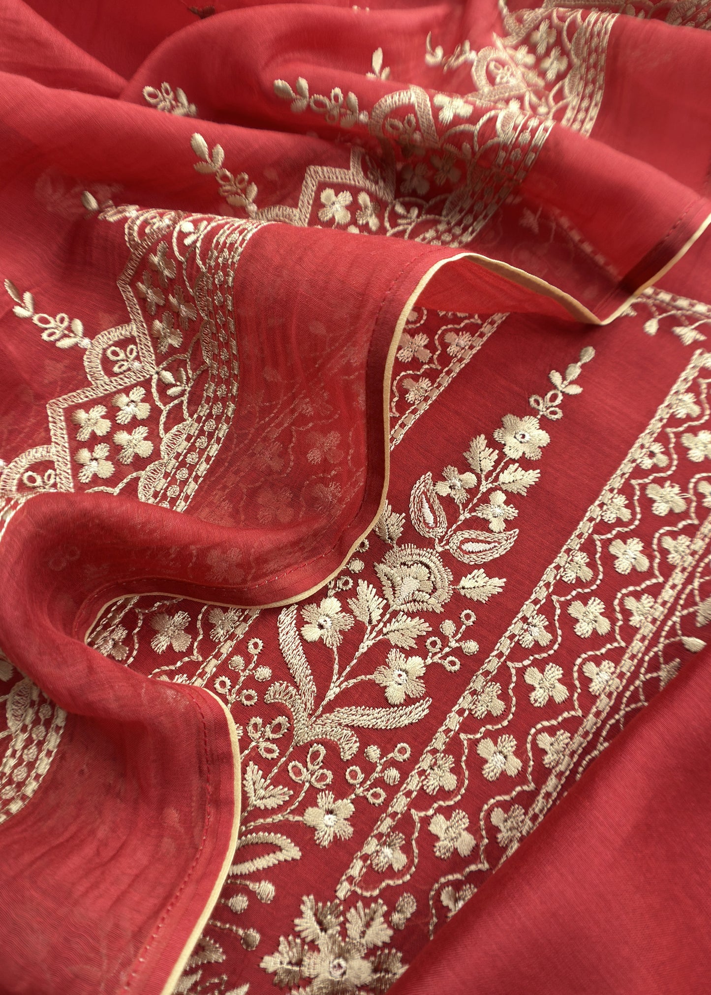 Brick Red Pure Mulmul Lakhnavi Chikan Embroided Suit Fabric