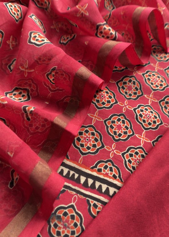 Red Ajrakh Mahehswari Silk Unstitched Suit With Dupatta