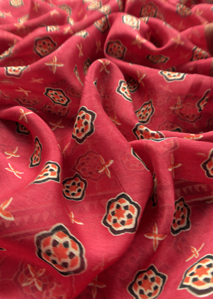 Red Ajrakh Mahehswari Silk Unstitched Suit With Dupatta