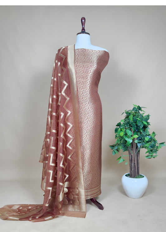 Brown Brocade Kurta With Organza Dupatta