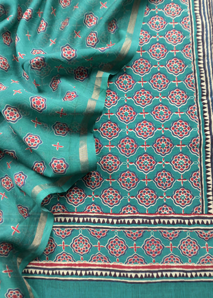 Green Ajrakh Mahehswari Silk Unstitched Suit With Dupatta