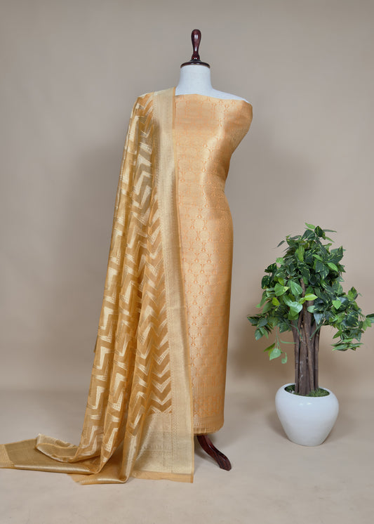 Yellow Brocade Kurta With Organza Dupatta