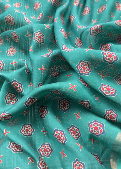 Green Ajrakh Mahehswari Silk Unstitched Suit With Dupatta
