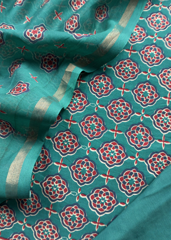 Green Ajrakh Mahehswari Silk Unstitched Suit With Dupatta