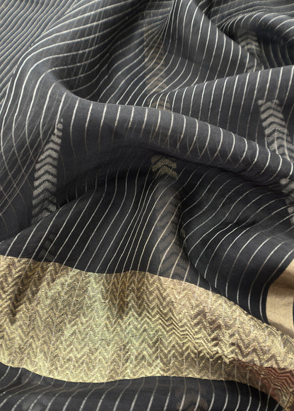 Black Handloom Silk Unstitched Suit With Zari Weaving