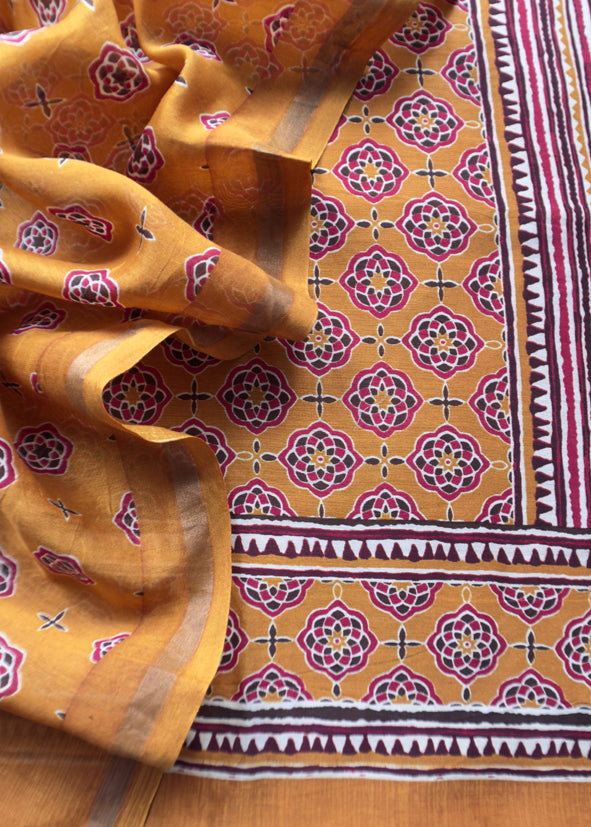Yellow Ajrakh Mahehswari Silk Unstitched Suit With Dupatta