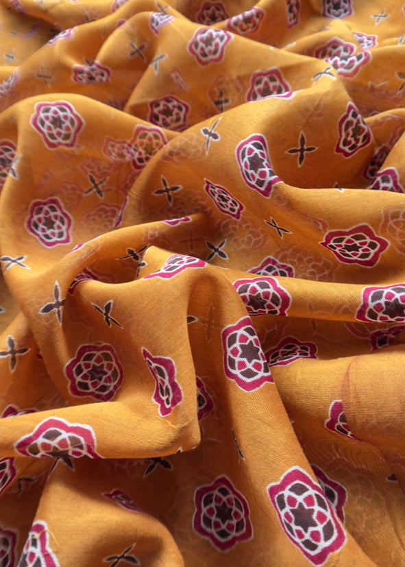 Yellow Ajrakh Mahehswari Silk Unstitched Suit With Dupatta