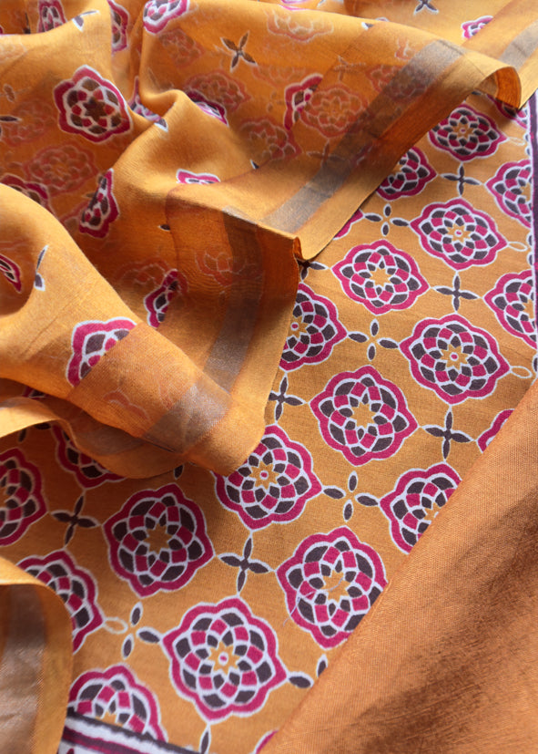 Yellow Ajrakh Mahehswari Silk Unstitched Suit With Dupatta