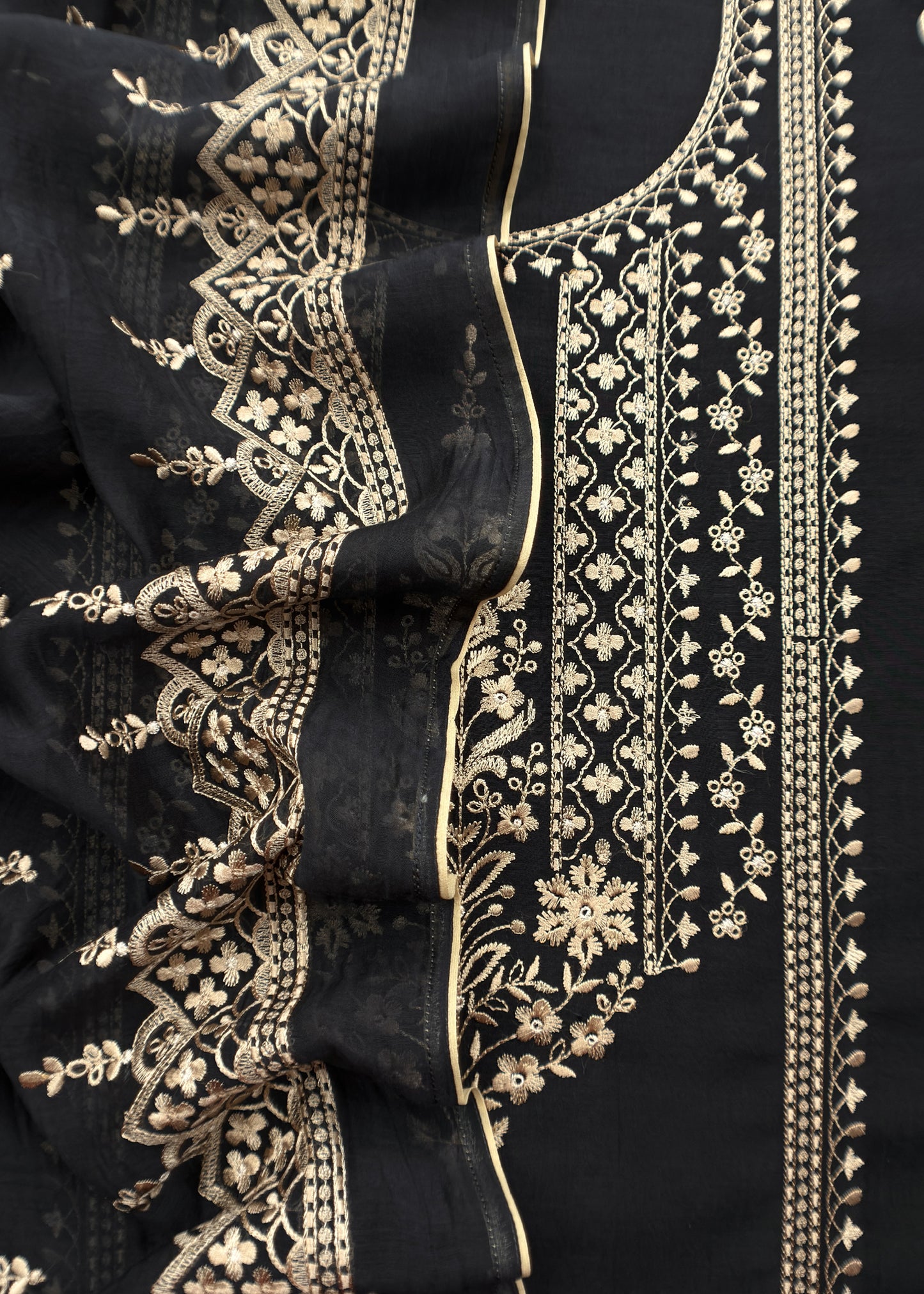 Black Pure Mulmul Lakhnavi Chikan Embroided Suit Fabric