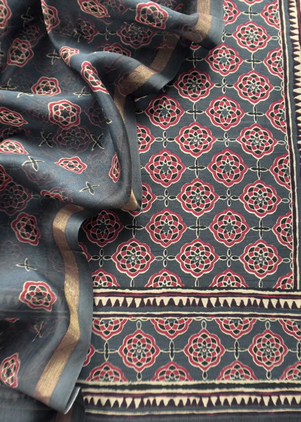 Grey Ajrakh Mahehswari Silk Unstitched Suit With Dupatta