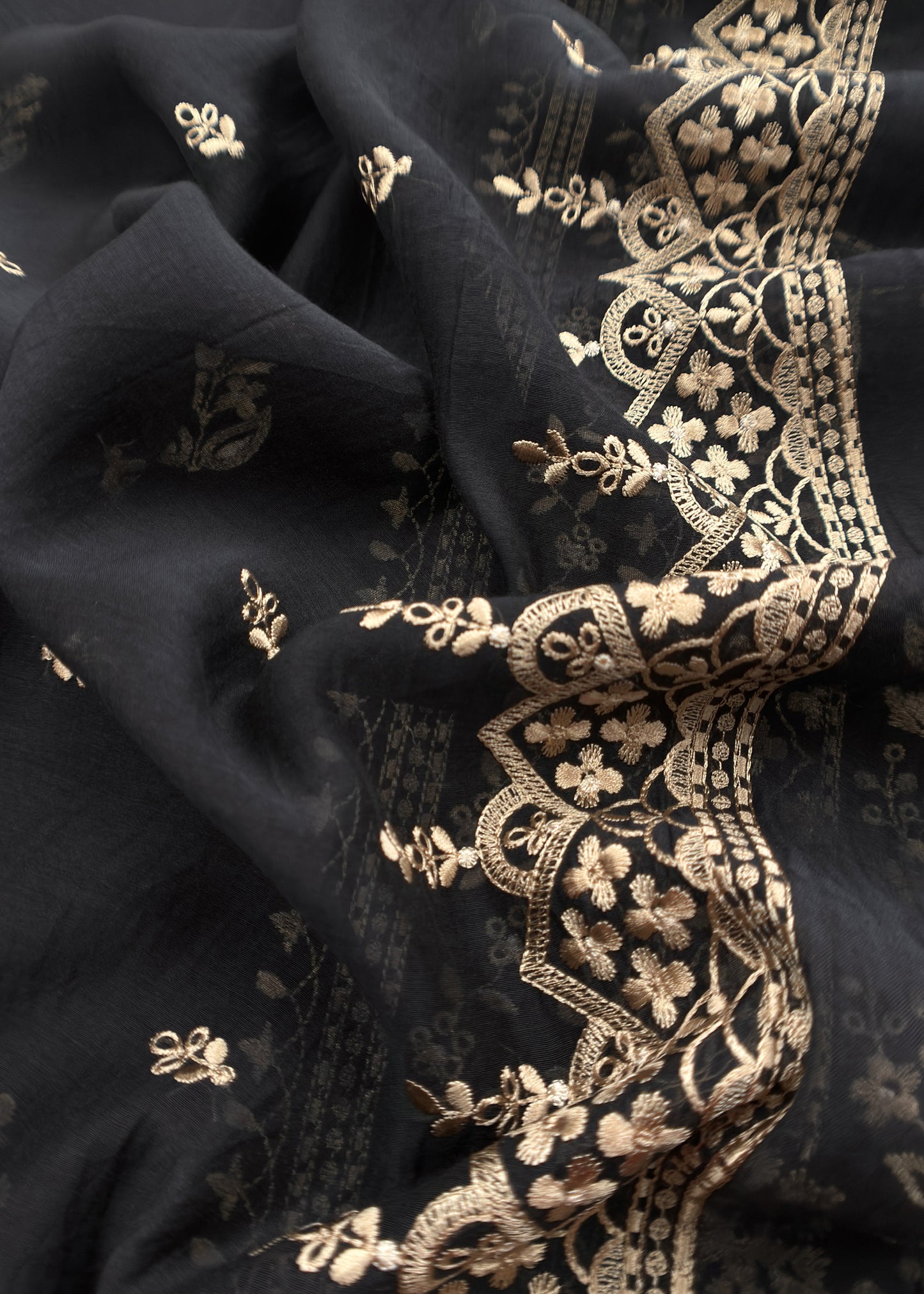 Black Pure Mulmul Lakhnavi Chikan Embroided Suit Fabric