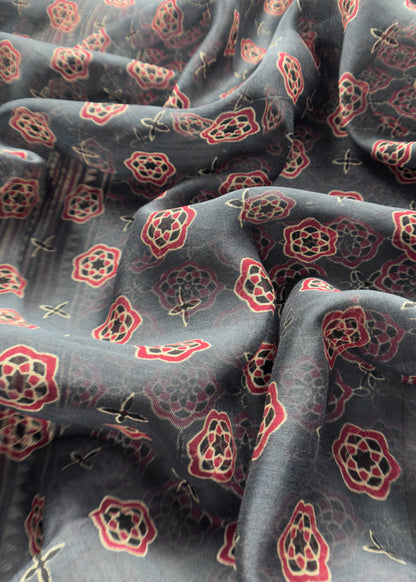 Grey Ajrakh Mahehswari Silk Unstitched Suit With Dupatta
