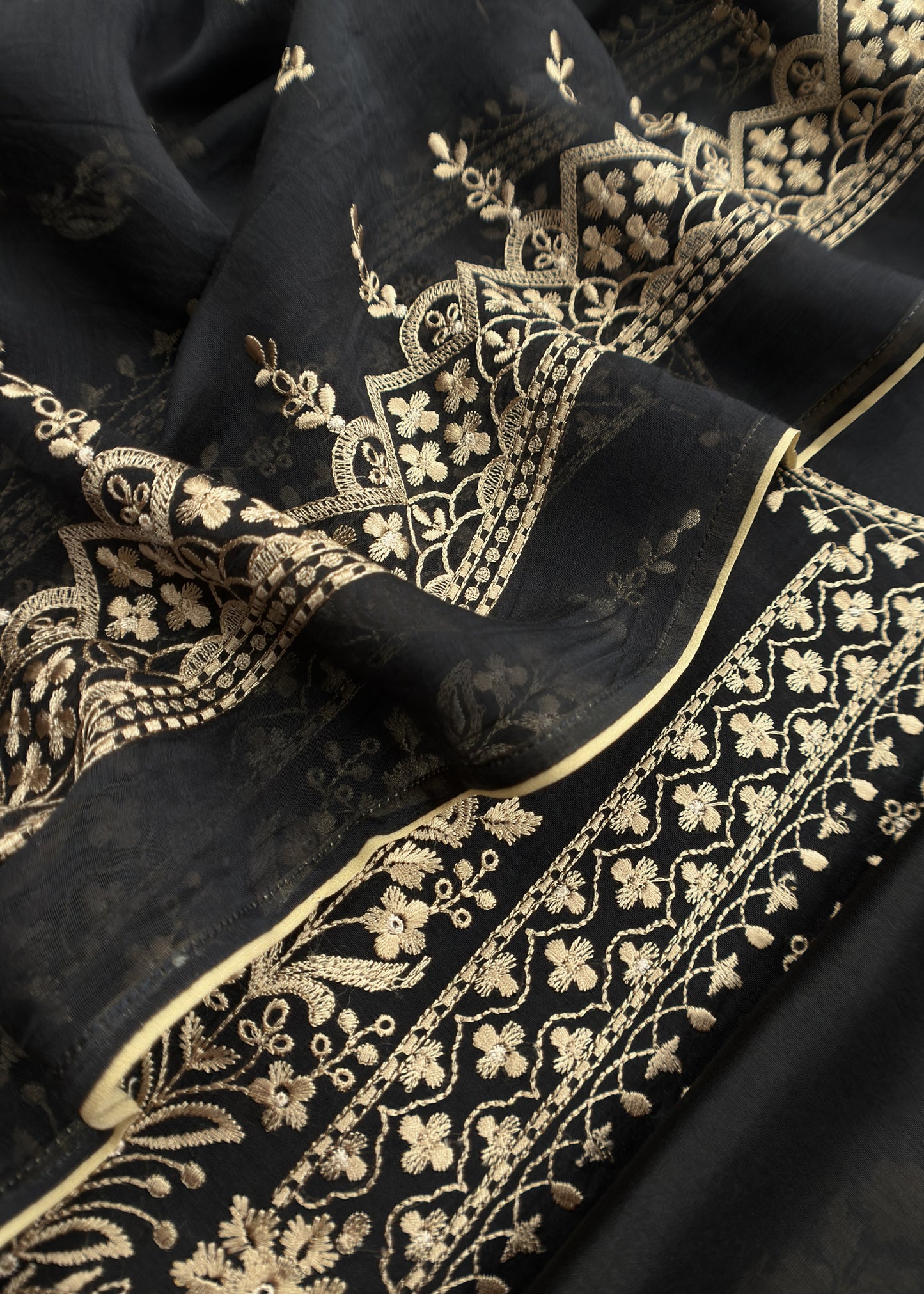 Black Pure Mulmul Lakhnavi Chikan Embroided Suit Fabric