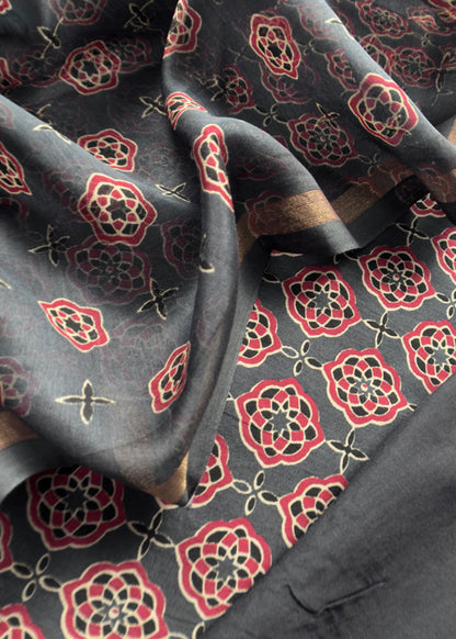 Grey Ajrakh Mahehswari Silk Unstitched Suit With Dupatta