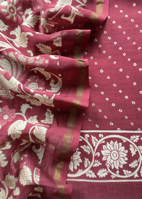 Maroon Bandhani Suit In Maheshwari With Kalamkari Dupatta