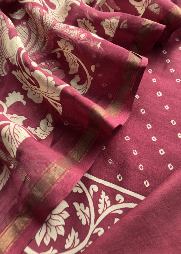 Maroon Bandhani Suit In Maheshwari With Kalamkari Dupatta