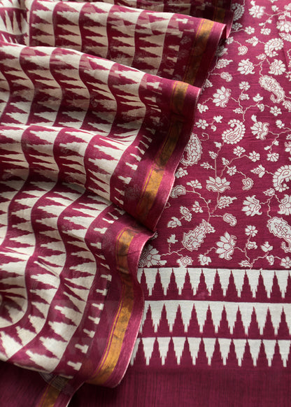 Maroon Kani print Maheshwari Silk Unstitched Suit With Wavy Dupatta