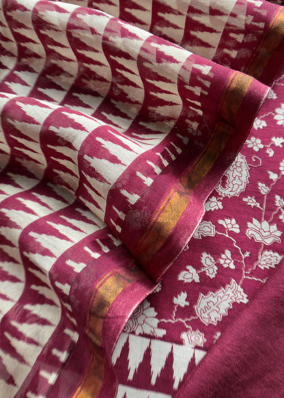 Maroon Kani print Maheshwari Silk Unstitched Suit With Wavy Dupatta