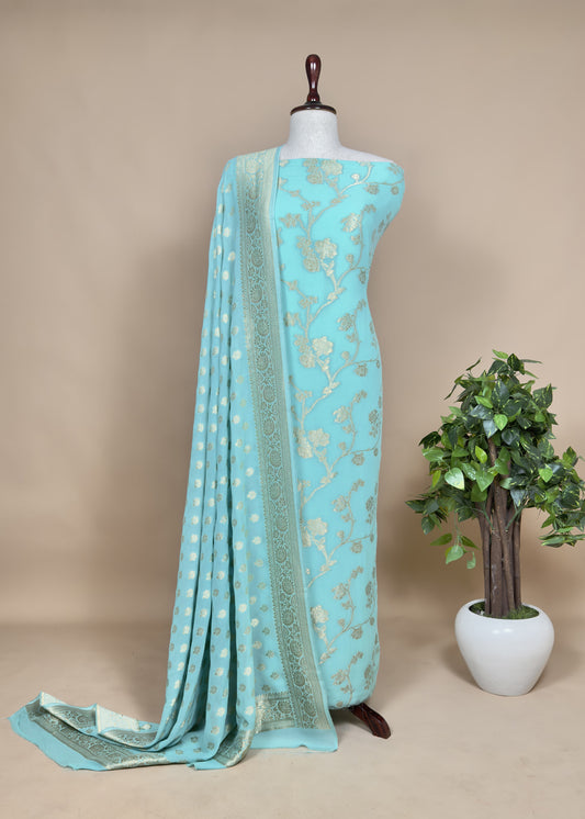 Blue Handloom Khadi weaving Unstitched Suit In Georgette