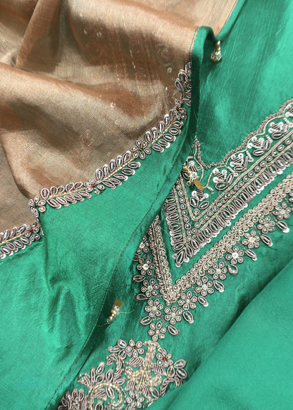 Green Handloom Silk Kurta And Tissue Silk Dupatta With Dori Dabka Handwork