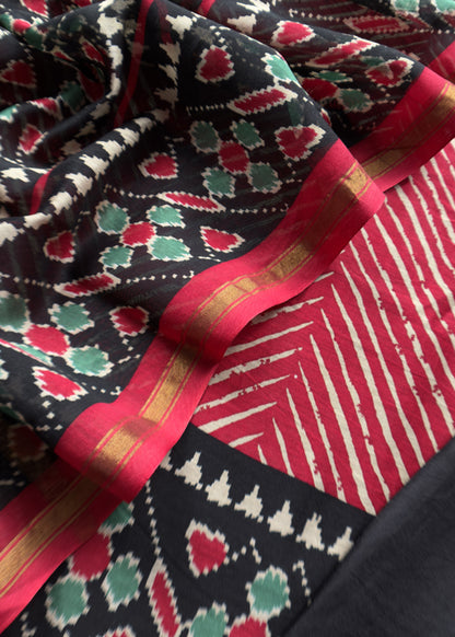 Red Leheriya Maheshwari Silk Unstitched Suit With Patola Dupatta