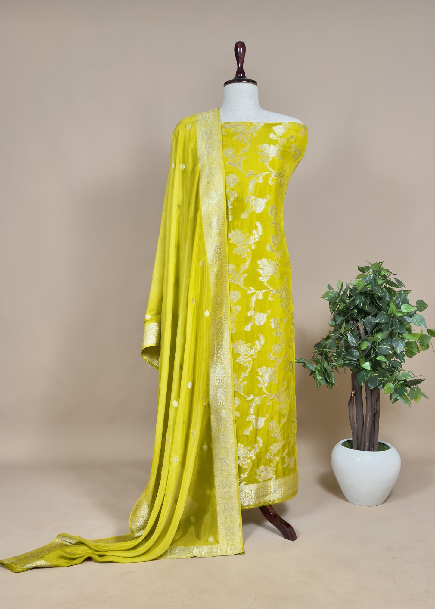 Green Handwoven Georgette Silk Suit With Khadi Weaving