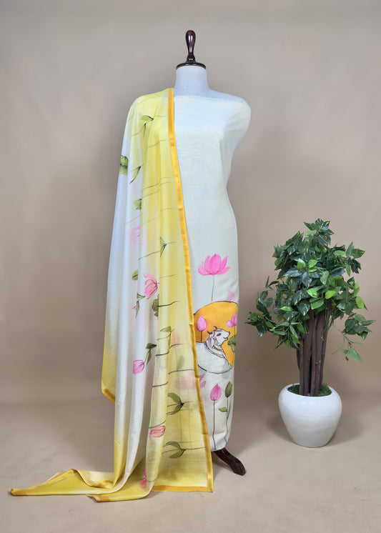 Yellow Hand painted Cow Suit In Maheshwari