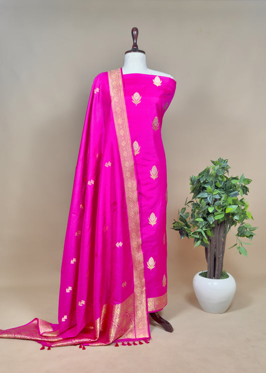 Pink Luxurious Handloom Katan Silk Suit Set with Roopa-Sona Kadwa Weaves