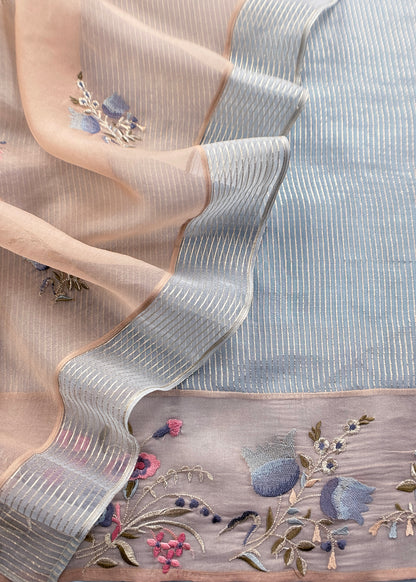 Baby Blue Handloom Kora Silk Suit Fabric With Embroidery