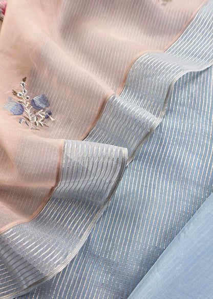 Baby Blue Handloom Kora Silk Suit Fabric With Embroidery