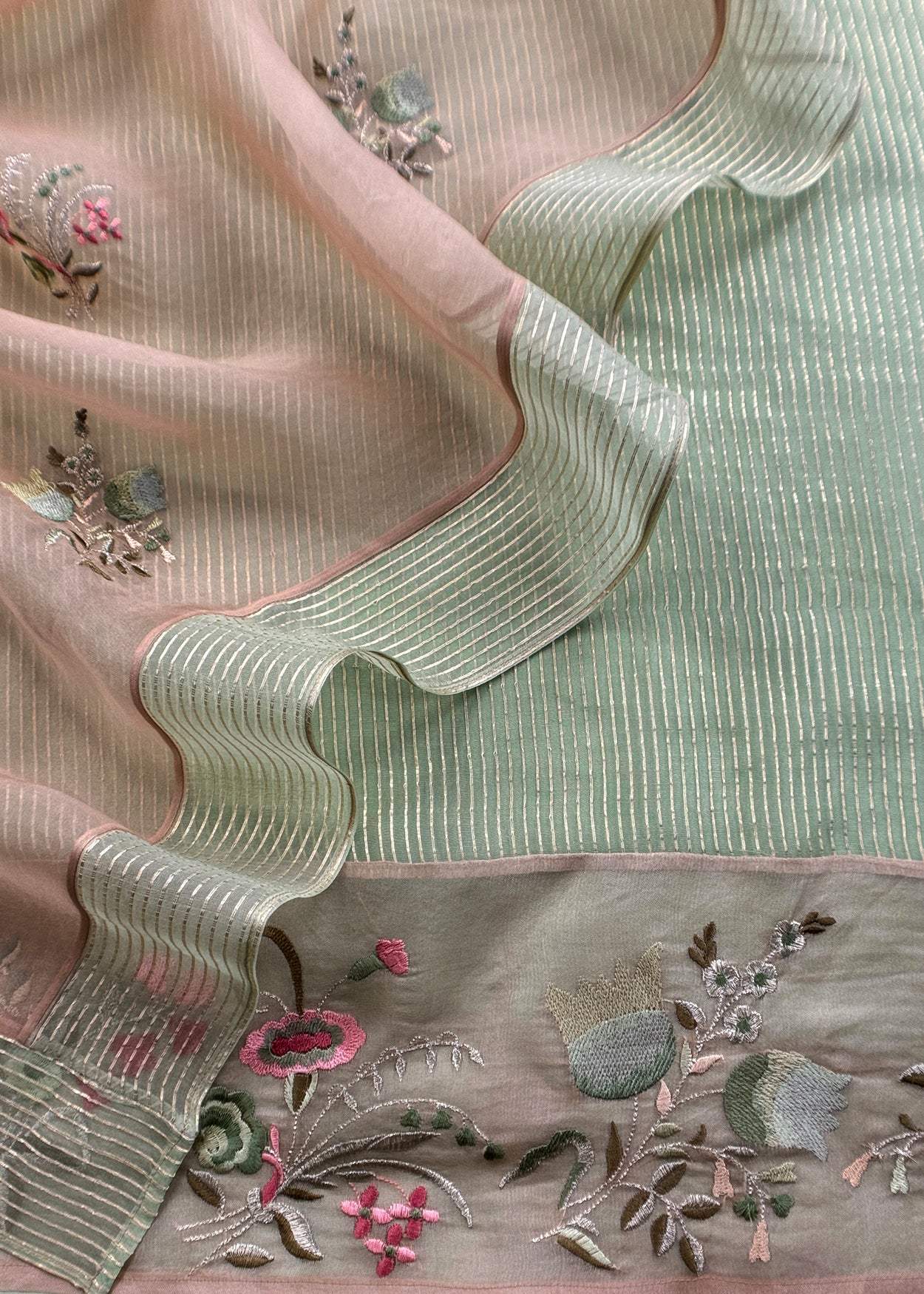 Sage Handloom Kora Silk Suit Fabric With Embroidery