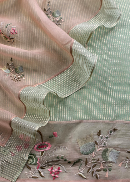 Sage Handloom Kora Silk Suit Fabric With Embroidery