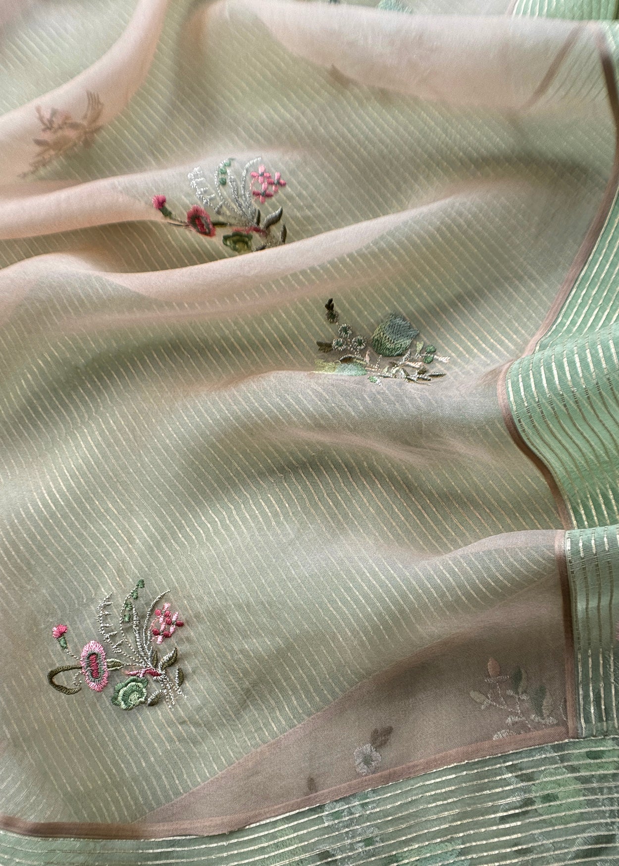 Sage Handloom Kora Silk Suit Fabric With Embroidery
