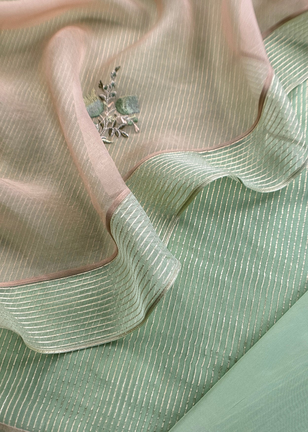 Sage Handloom Kora Silk Suit Fabric With Embroidery