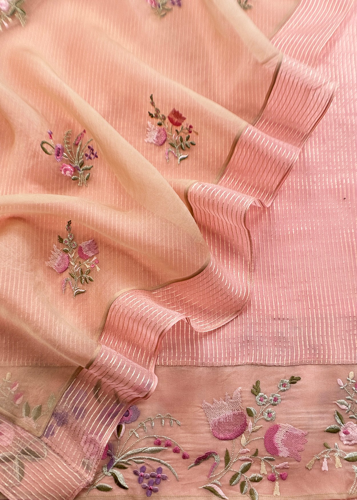 Baby Pink Handloom Kora Silk Suit Fabric With Embroidery