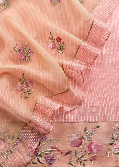 Baby Pink Handloom Kora Silk Suit Fabric With Embroidery