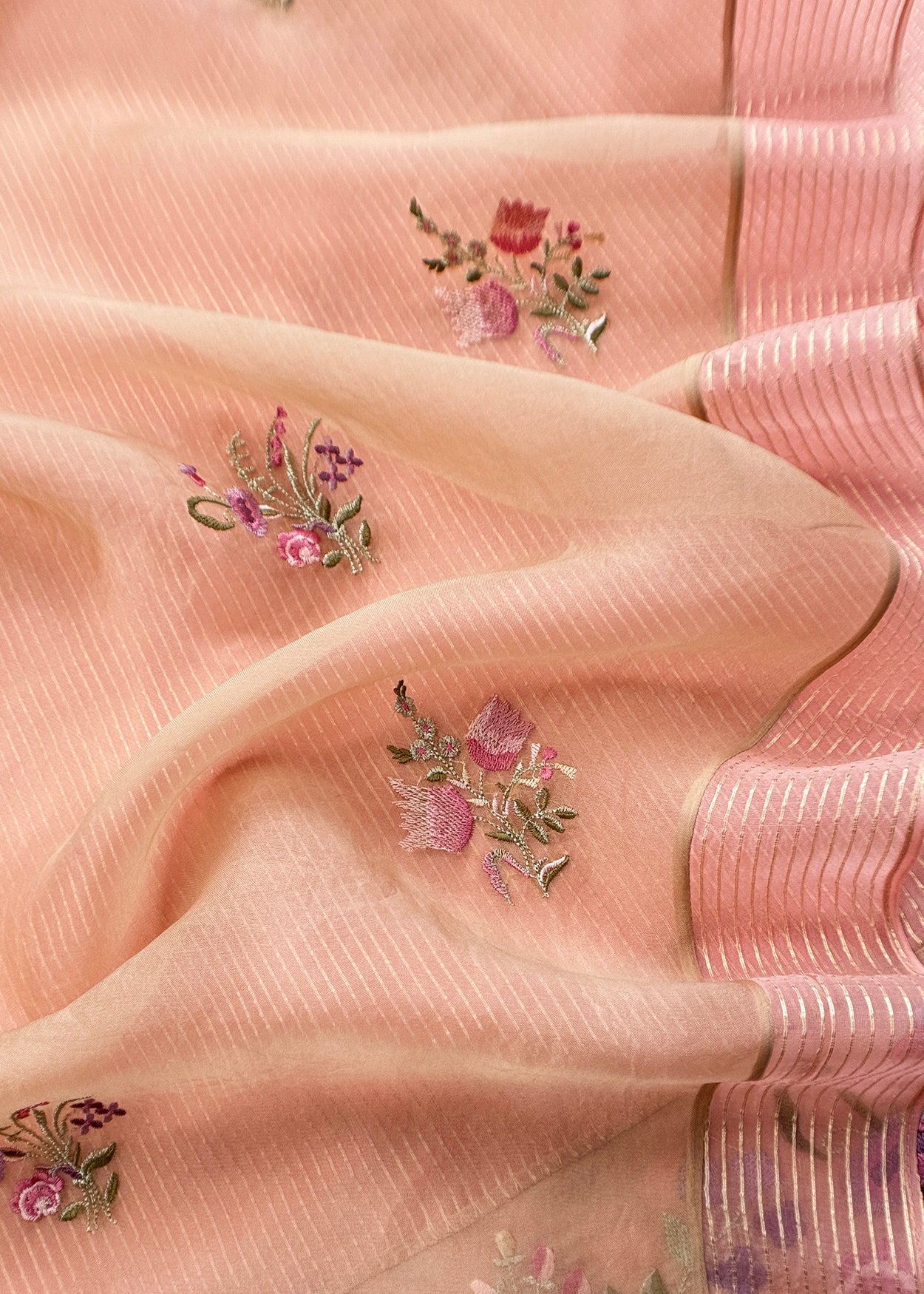 Baby Pink Handloom Kora Silk Suit Fabric With Embroidery