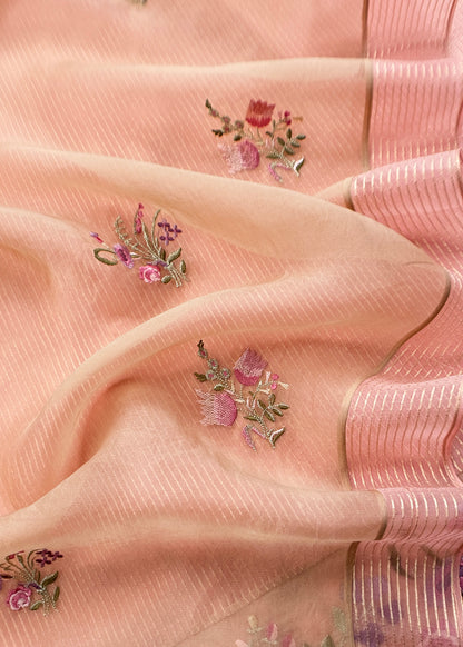 Baby Pink Handloom Kora Silk Suit Fabric With Embroidery