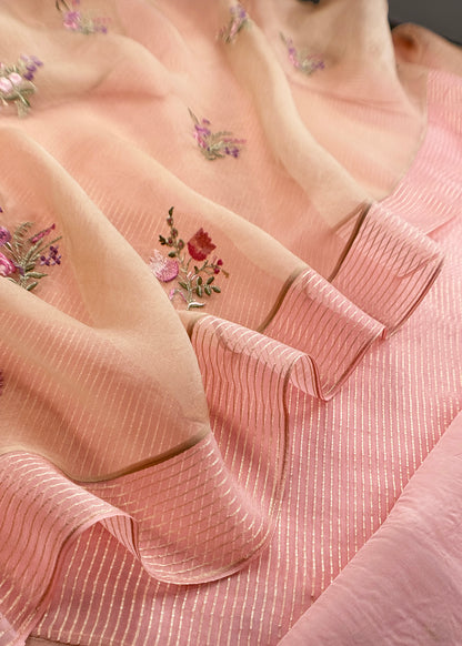 Baby Pink Handloom Kora Silk Suit Fabric With Embroidery