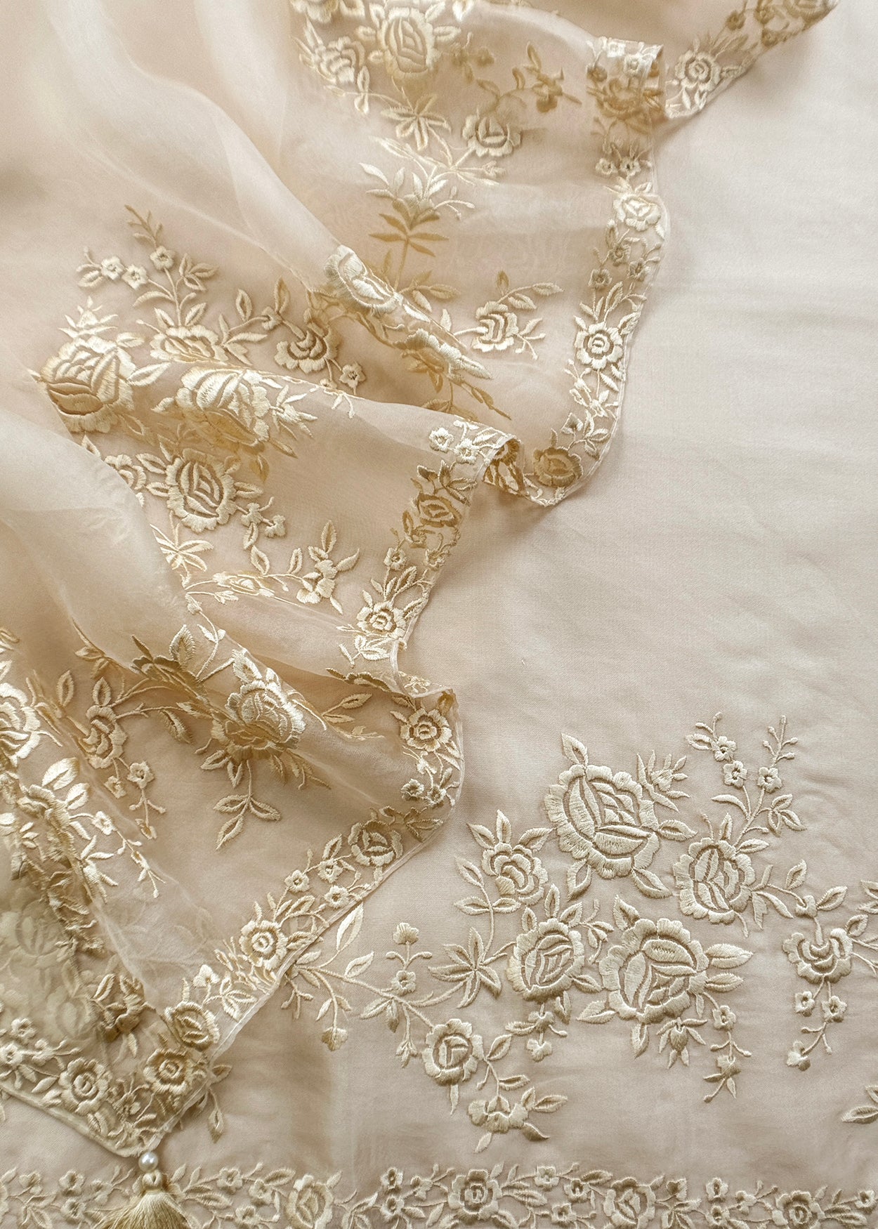 White Handwoven Puer Organza Suit With Resham Embroidery Work