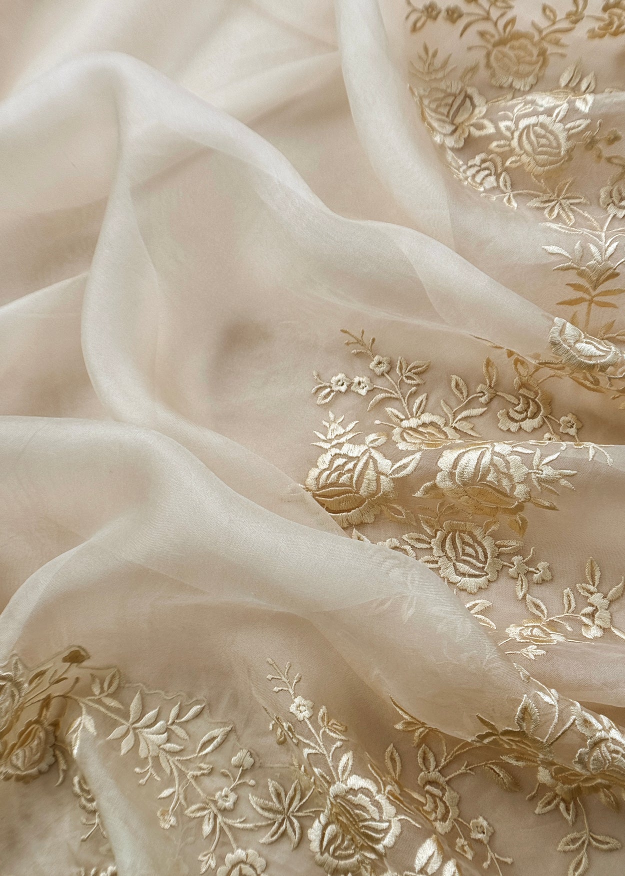 White Handwoven Puer Organza Suit With Resham Embroidery Work
