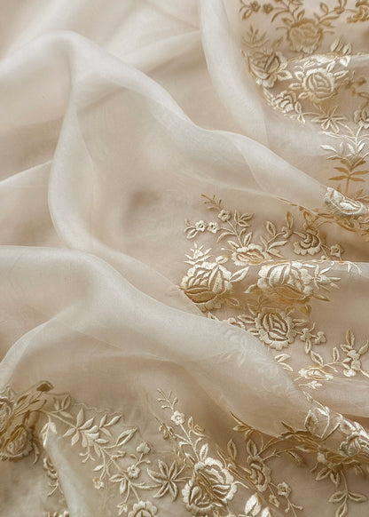 White Handwoven Puer Organza Suit With Resham Embroidery Work