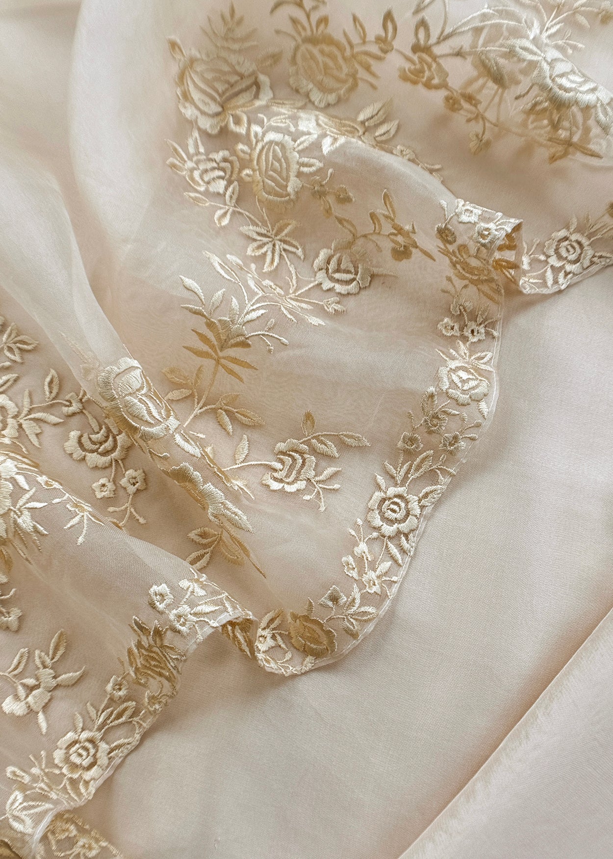 White Handwoven Puer Organza Suit With Resham Embroidery Work