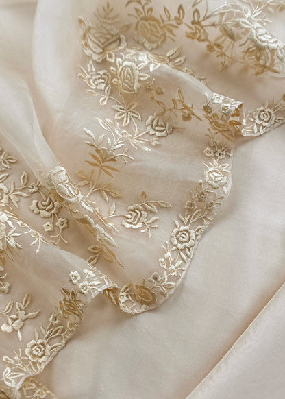 White Handwoven Puer Organza Suit With Resham Embroidery Work