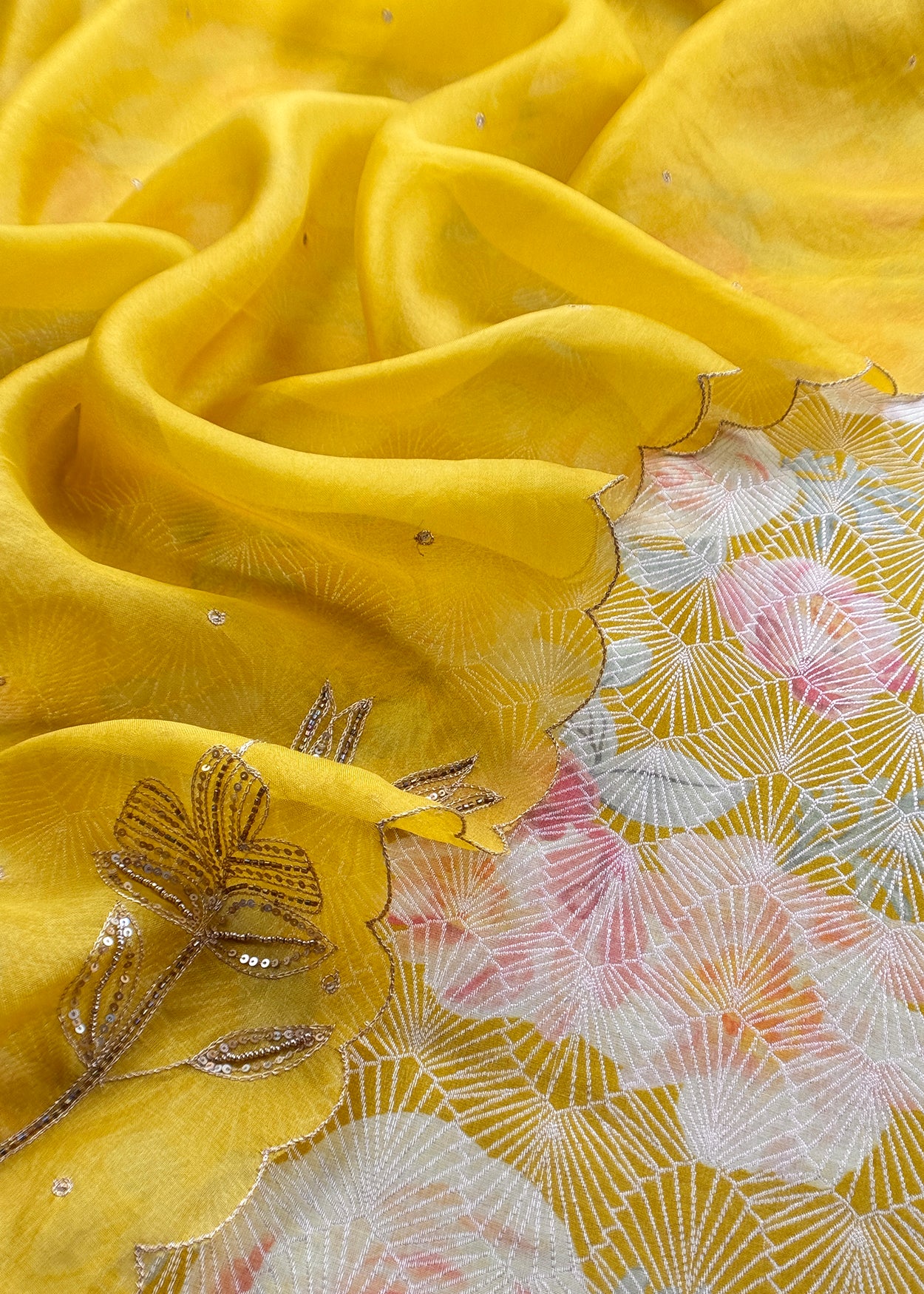 Canary Yellow Brocade Silk Kurta And Kora Silk Dupatta With Handwork