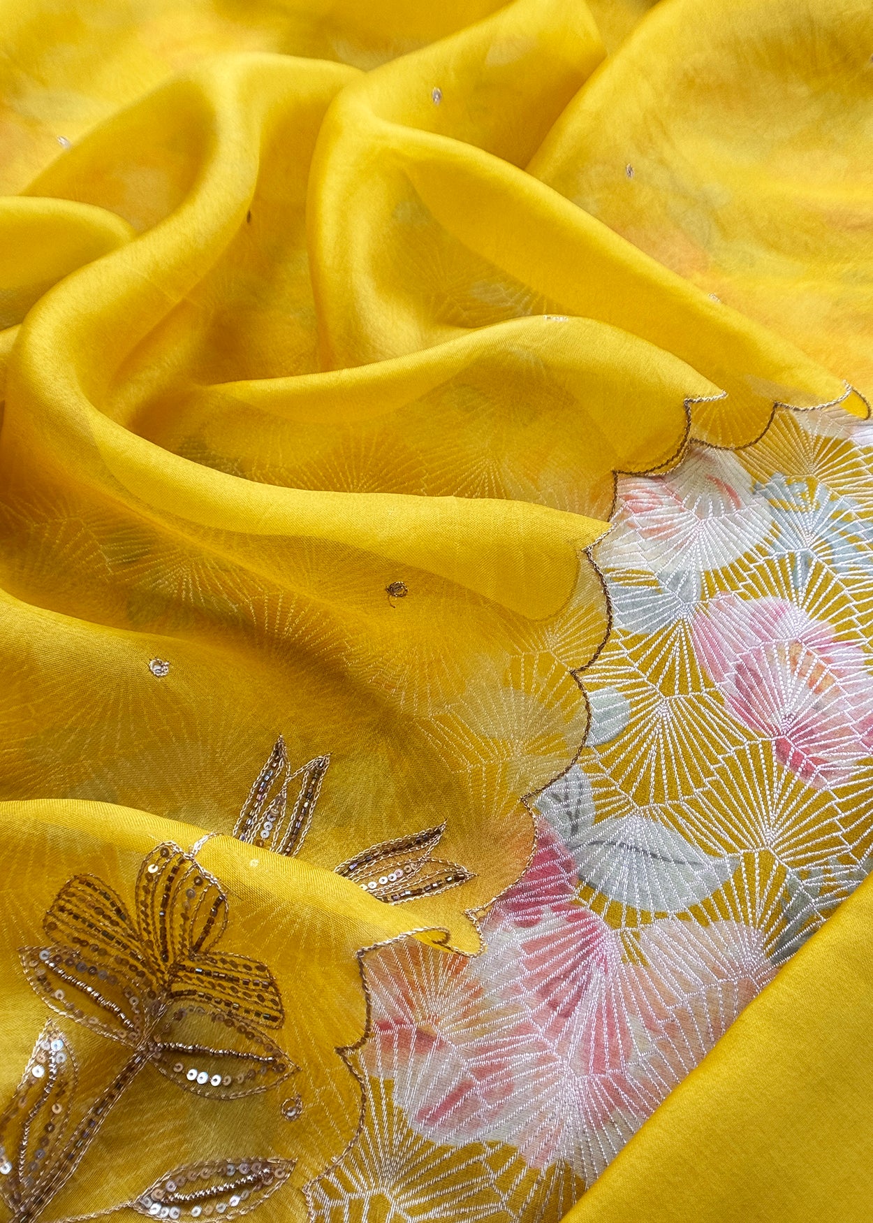 Canary Yellow Brocade Silk Kurta And Kora Silk Dupatta With Handwork