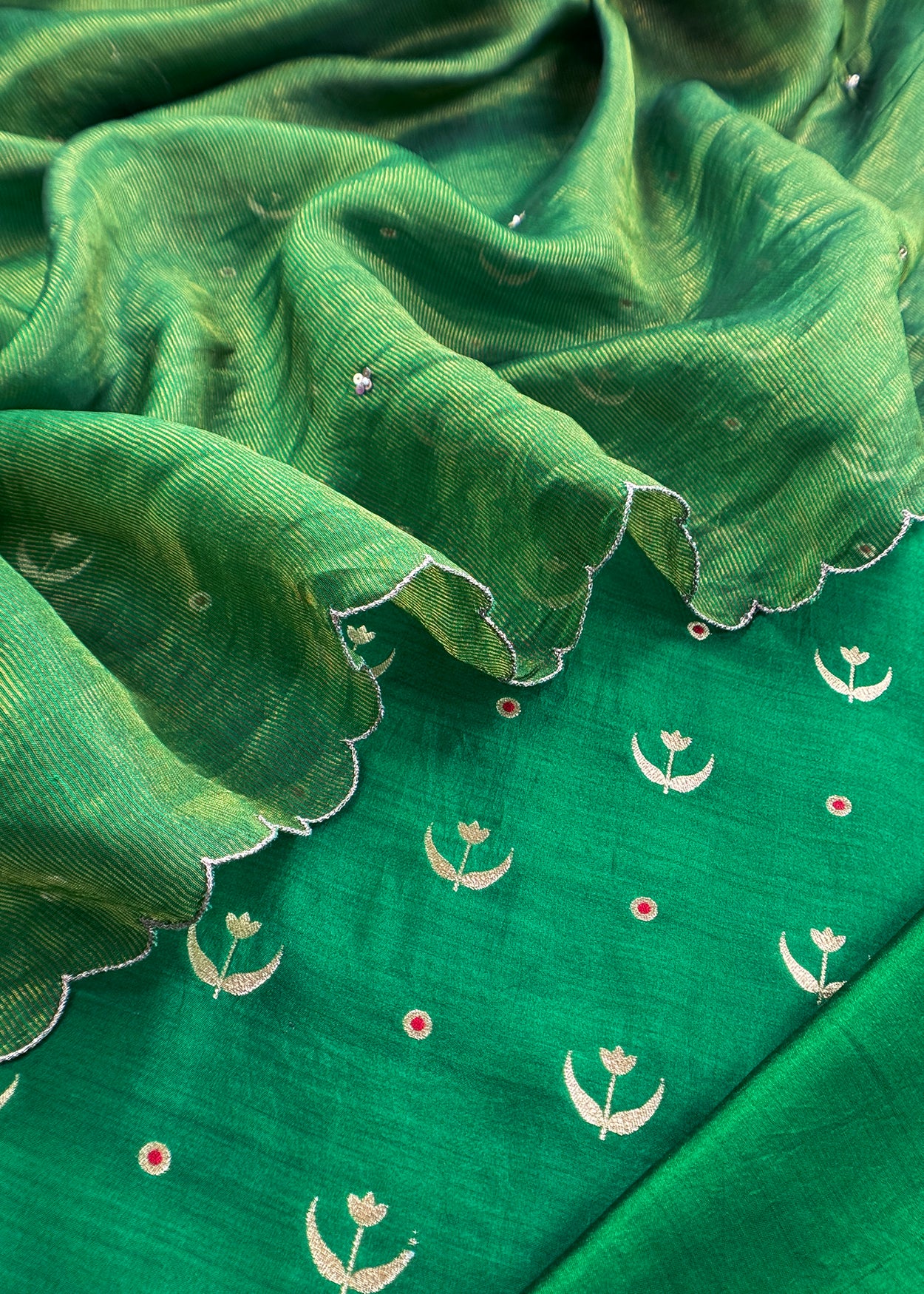 Green Chaandbaali Pure Satin Silk Kurta and Tissue Silk Dupatta with Handwork