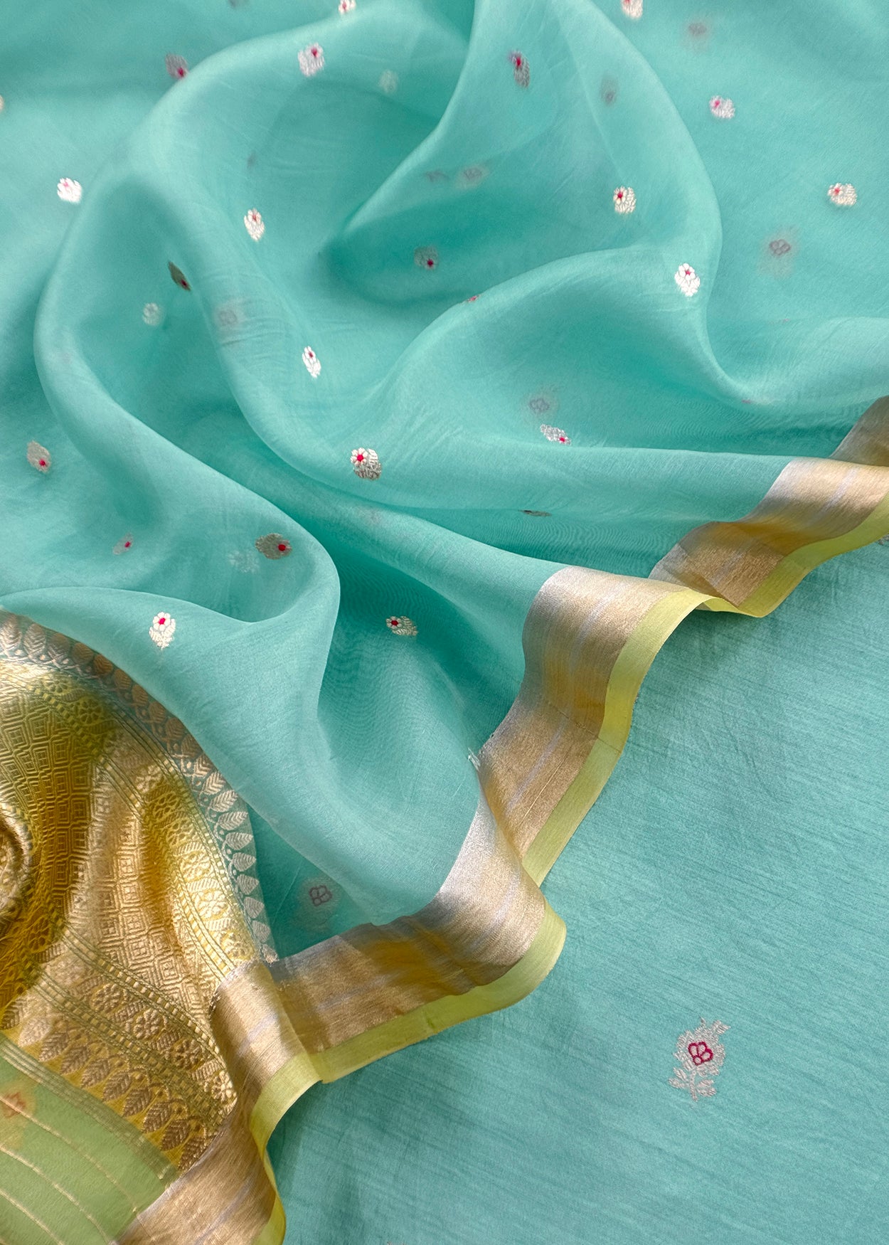 Sky Blue Kora Silk Unstitched Suit With Kadwa Weaving